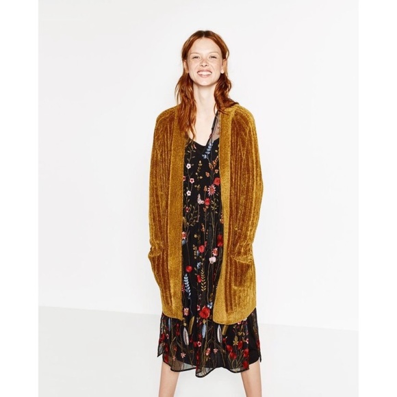 Zara Sweaters - Zara Knit Chenille Cardigan Gold Mustard Yellow S